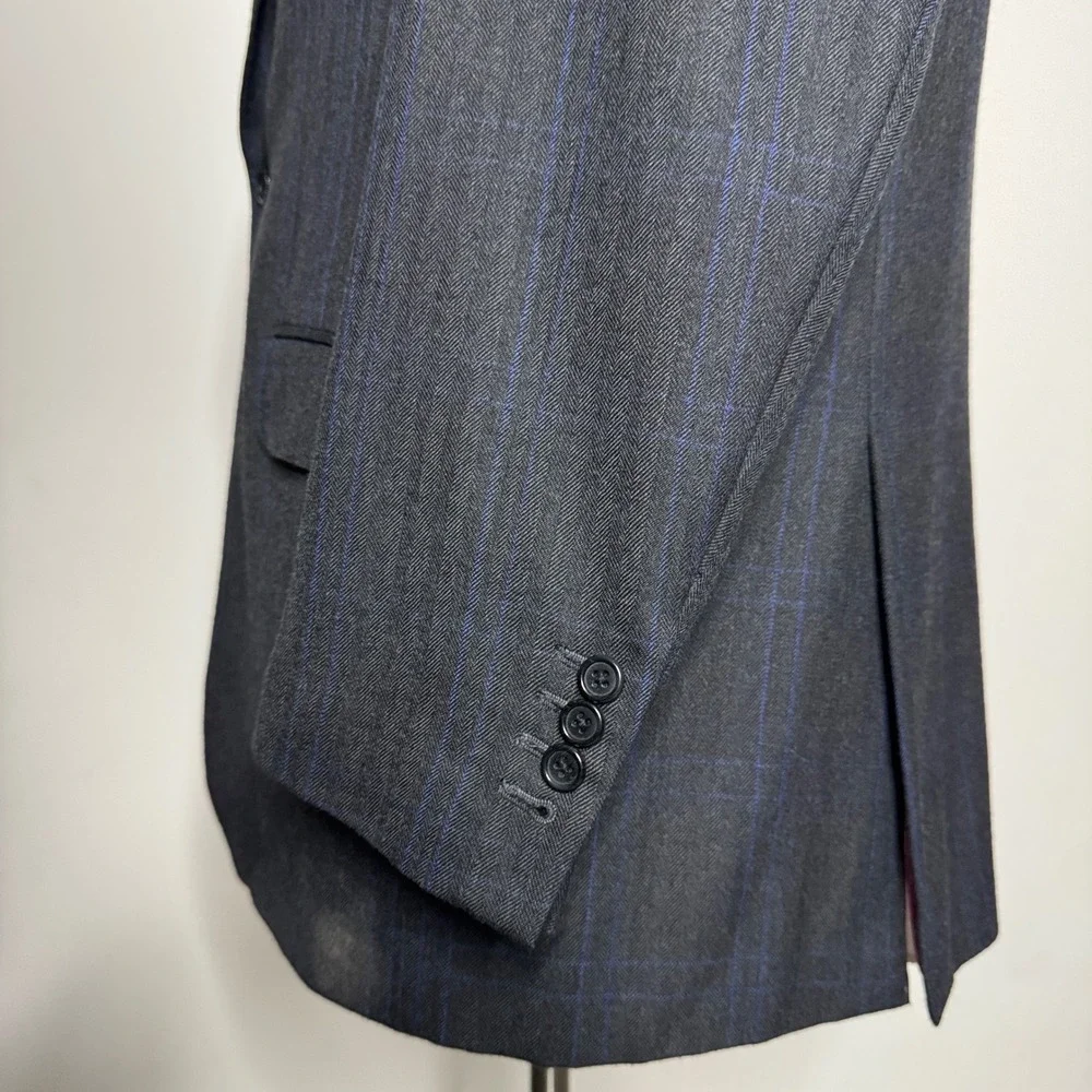 Custom Tailored Jacket Mens 44R Charcoal Grey Herringbone‎ Windowpane Blazer